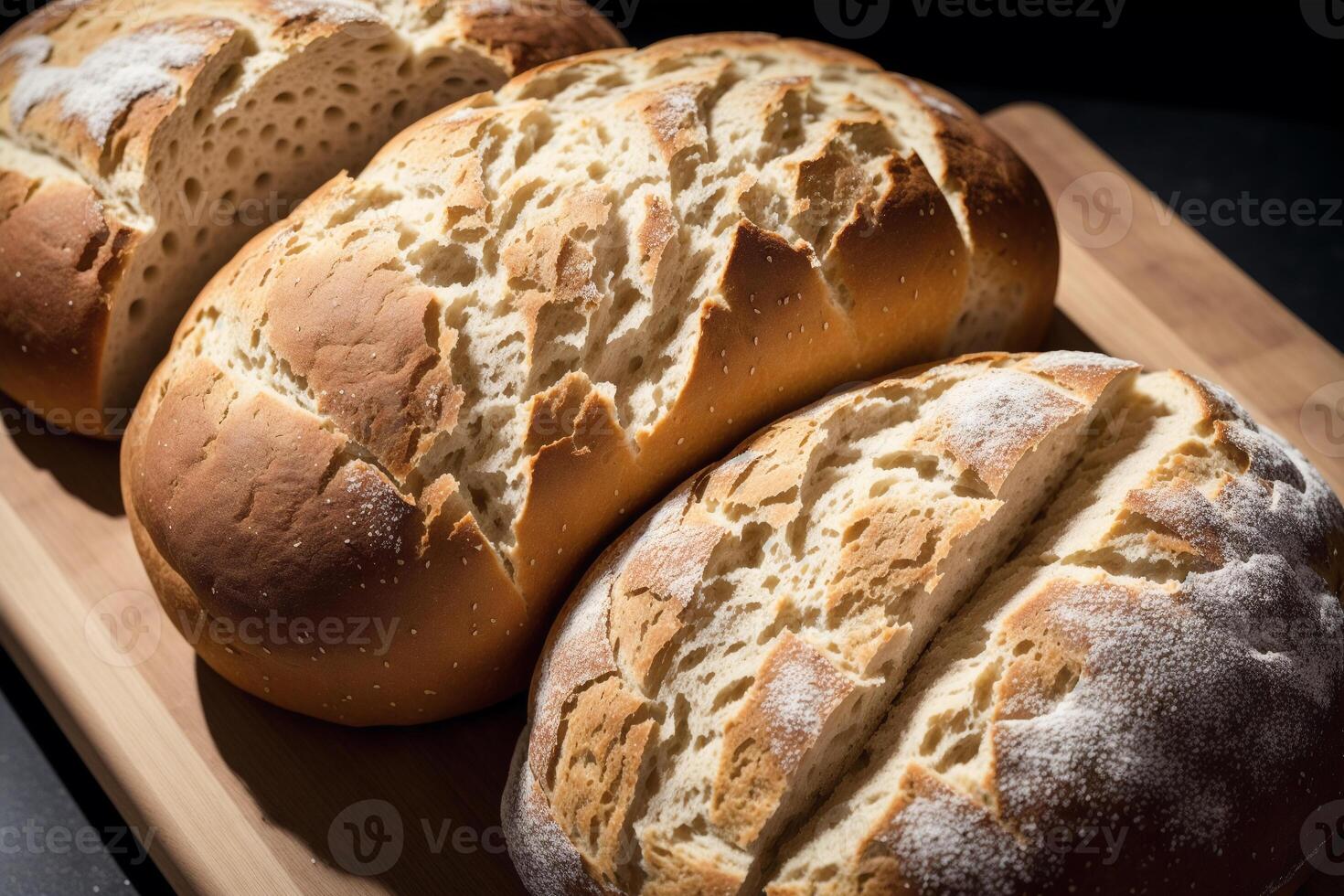 recentemente cozido pão em uma de madeira quadro, close-up.bagel generativo ai foto