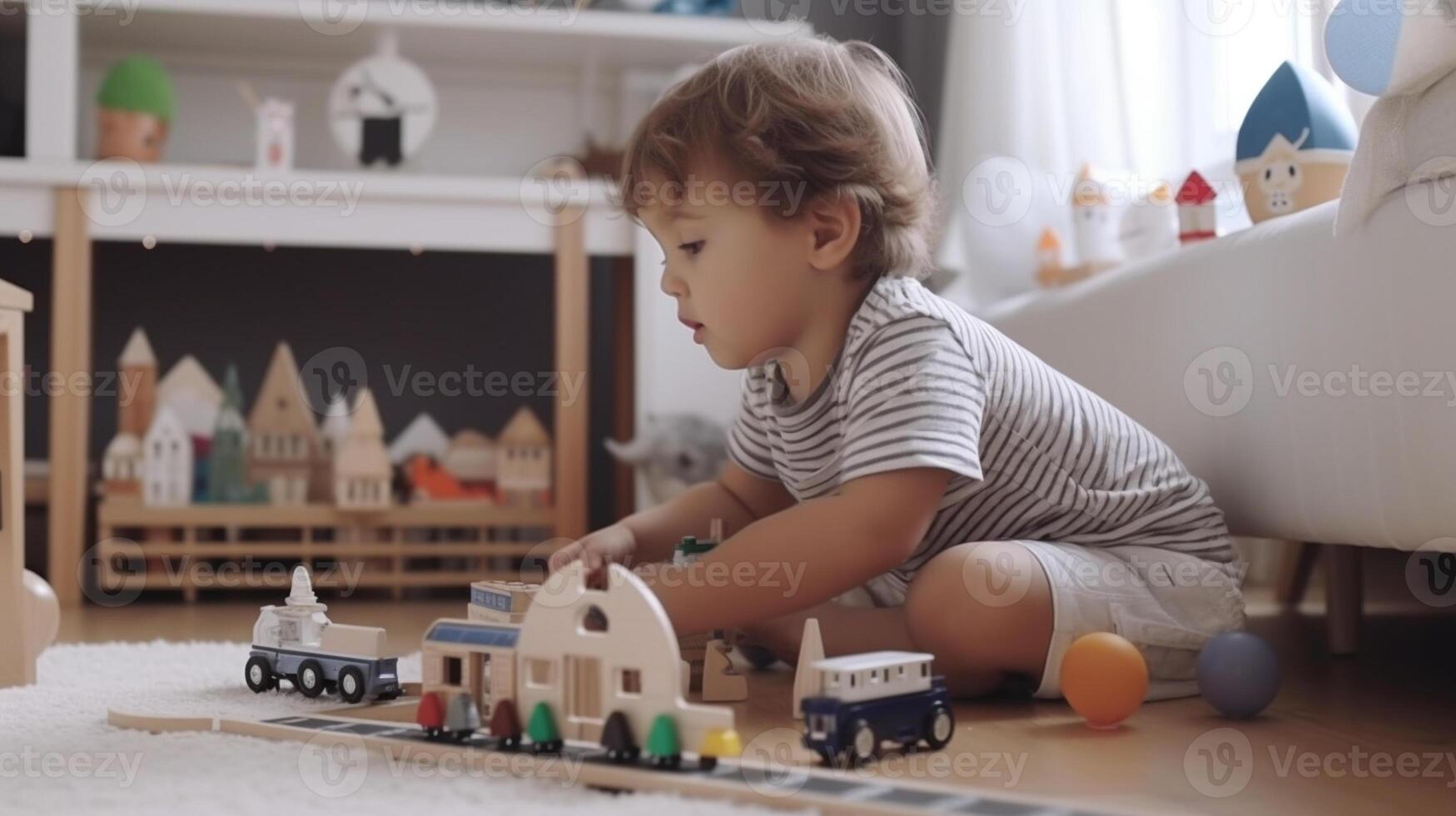 ai generativo fofa pequeno crianças jogando com brinquedos dentro a quarto ai gerado obra de arte foto