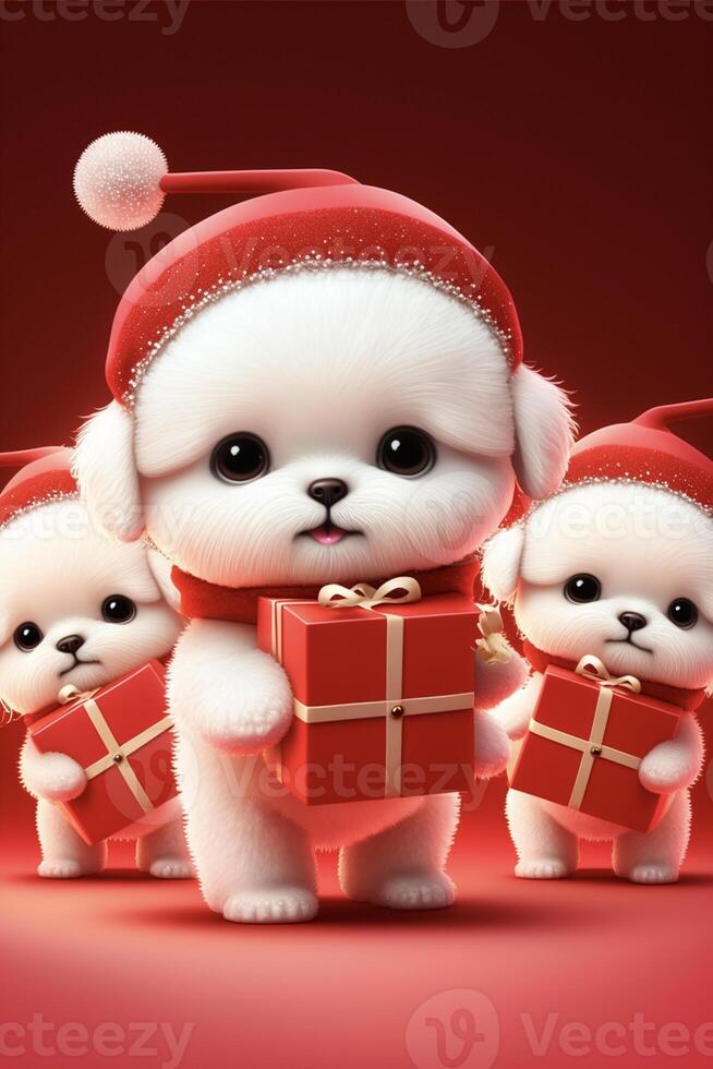 grupo do pequeno branco cachorros segurando Natal apresenta. generativo ai. foto