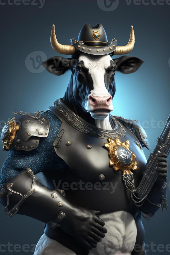 vaca vestido dentro armaduras segurando uma pistola. generativo ai. foto