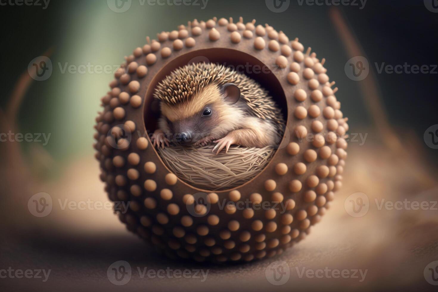 uma minúsculo ouriço enrolado acima dentro uma bola, com Está espinhos degola Fora todos em volta. ai gerado foto