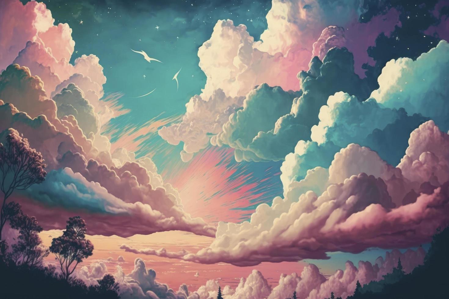 fantasia céu. lindo fada céus, fantástico Sonhe nuvens e fabuloso nublado céu pastel cores fundo foto