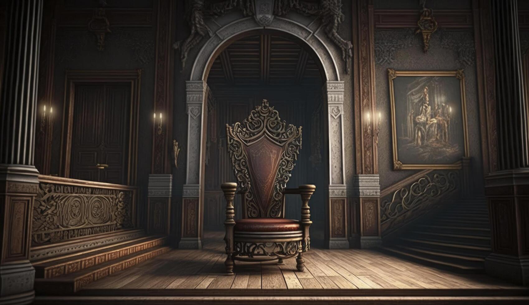 muito decorado esvaziar trono dentro a castelo corredor. pós-produzido generativo ai digital ilustração. foto