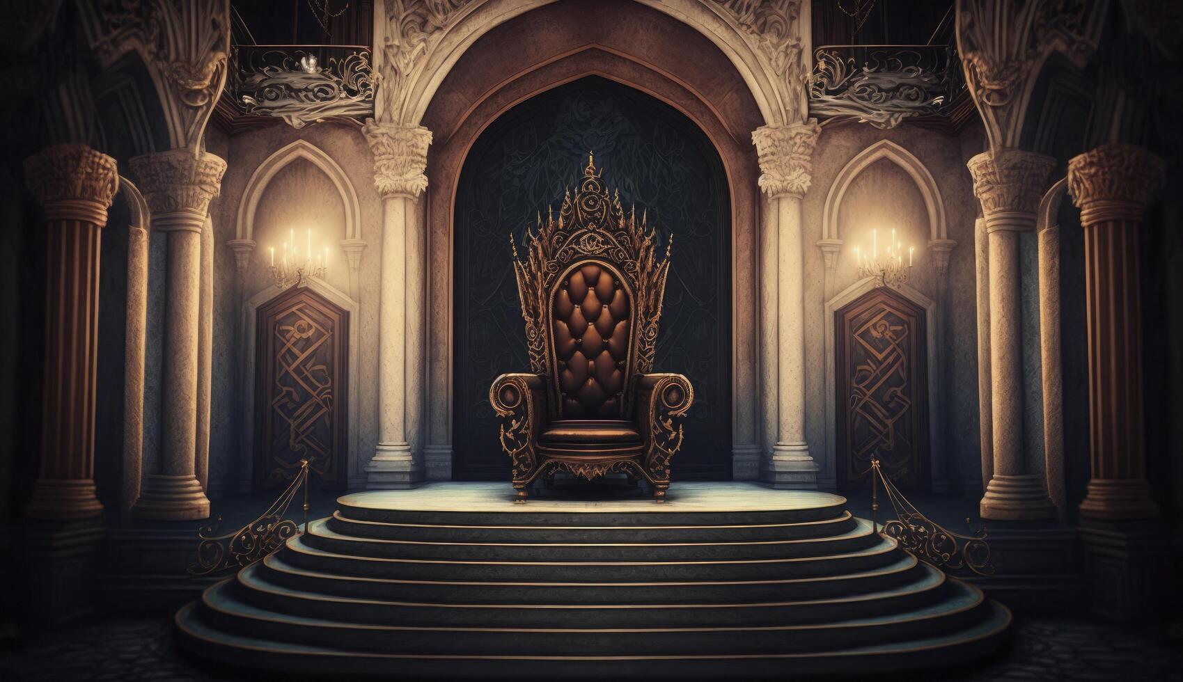 muito decorado esvaziar trono dentro a castelo corredor. pós-produzido generativo ai digital ilustração. foto