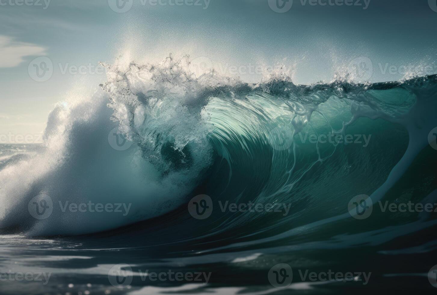 lindo profundo azul tubo onda dentro a oceano. fechar acima mar onda fundo. verão feriado conceito. generativo ai foto