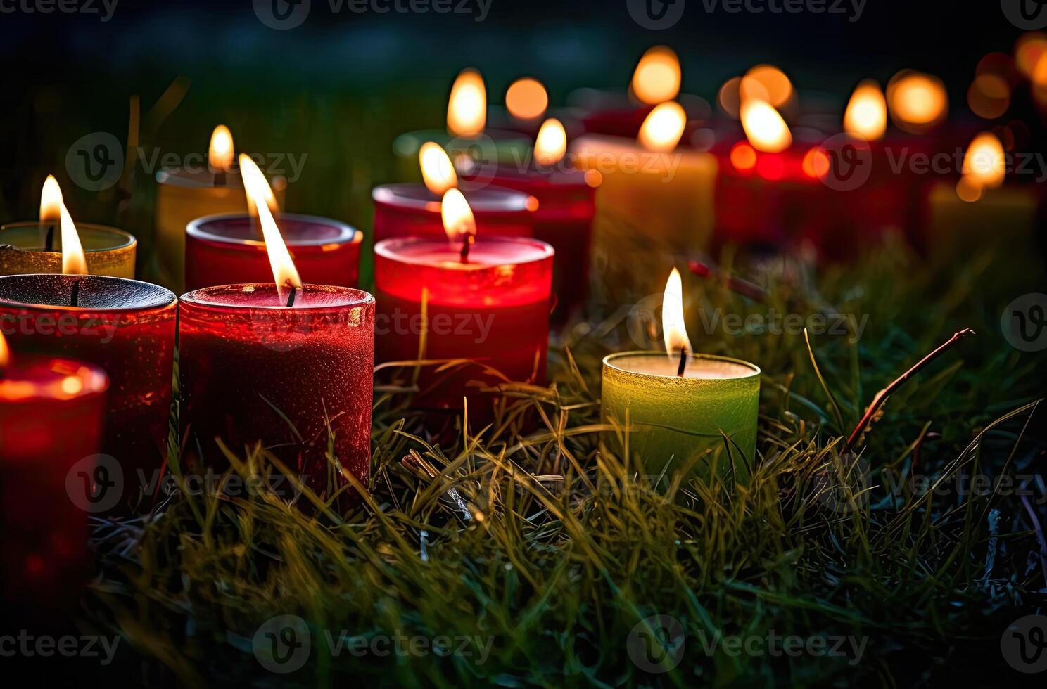 advento vela, abeto árvore galhos e feriado decorações dentro neve contra luz festão fundo. Natal cartão. generativo ai. foto