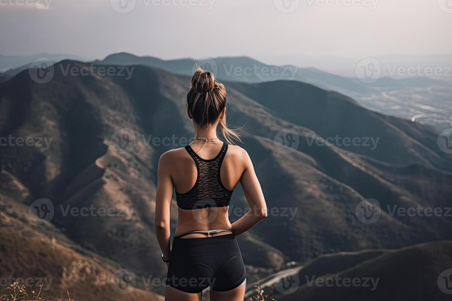 Visão a partir de atrás ginástica menina em pé em topo do a montanha. mulher dentro roupa de esporte em pé em a montanha. generativo ai. foto