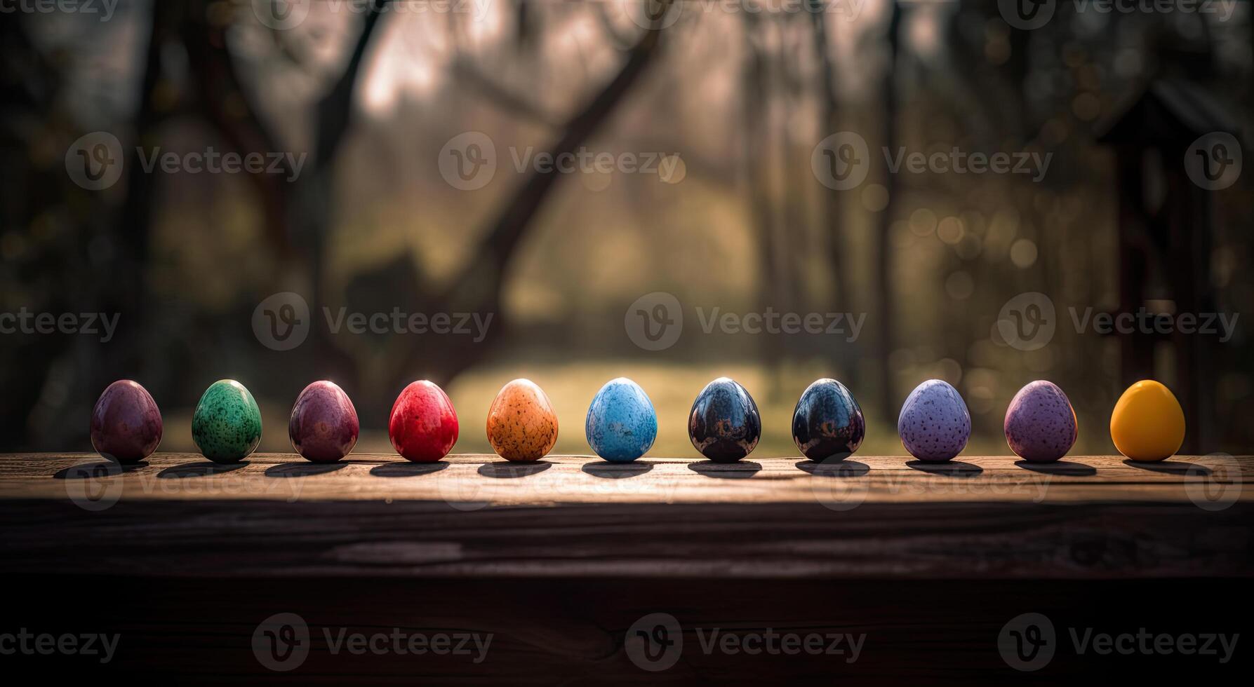 linha do colorida Páscoa ovos em de madeira mesa e bokeh fundo, Lugar, colocar para tipografia e logotipo. rústico de madeira mesa. Páscoa tema. generativo ai. foto