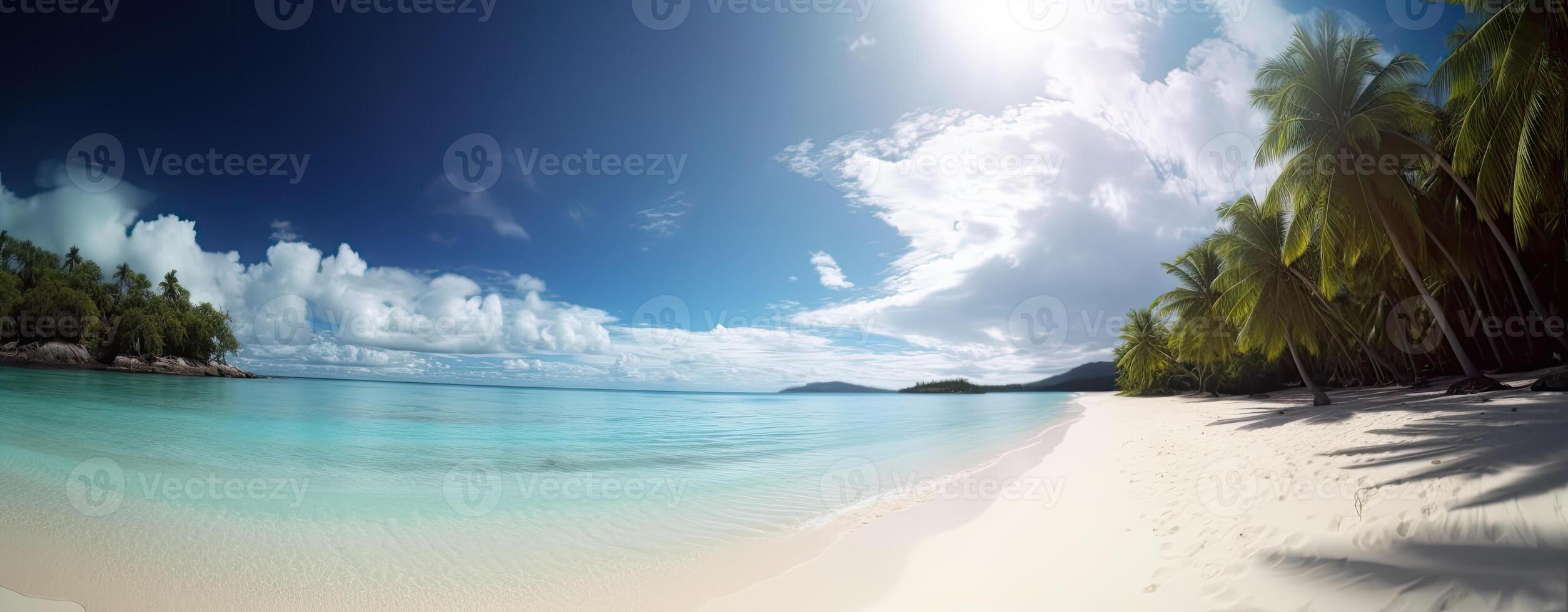 tropical paraíso de praia com branco areia e coco Palmeiras viagem turismo Largo panorama fundo conceito. generativo ai. foto