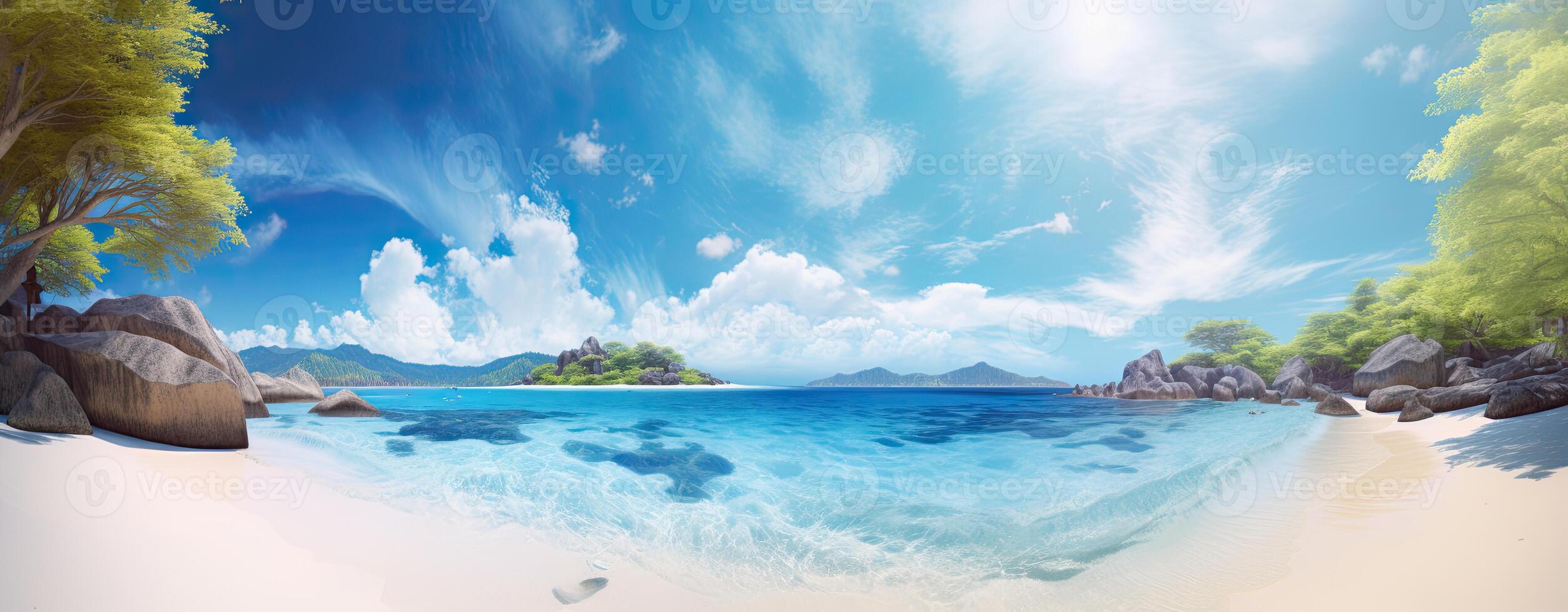 tropical paraíso de praia com branco areia e coco Palmeiras viagem turismo Largo panorama fundo conceito. generativo ai. foto