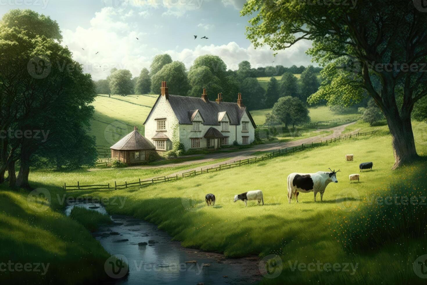 ai gerado pacífico campo cena com uma verdejante pasto pontilhado com pastar vacas e uma distante casa de fazenda. foto