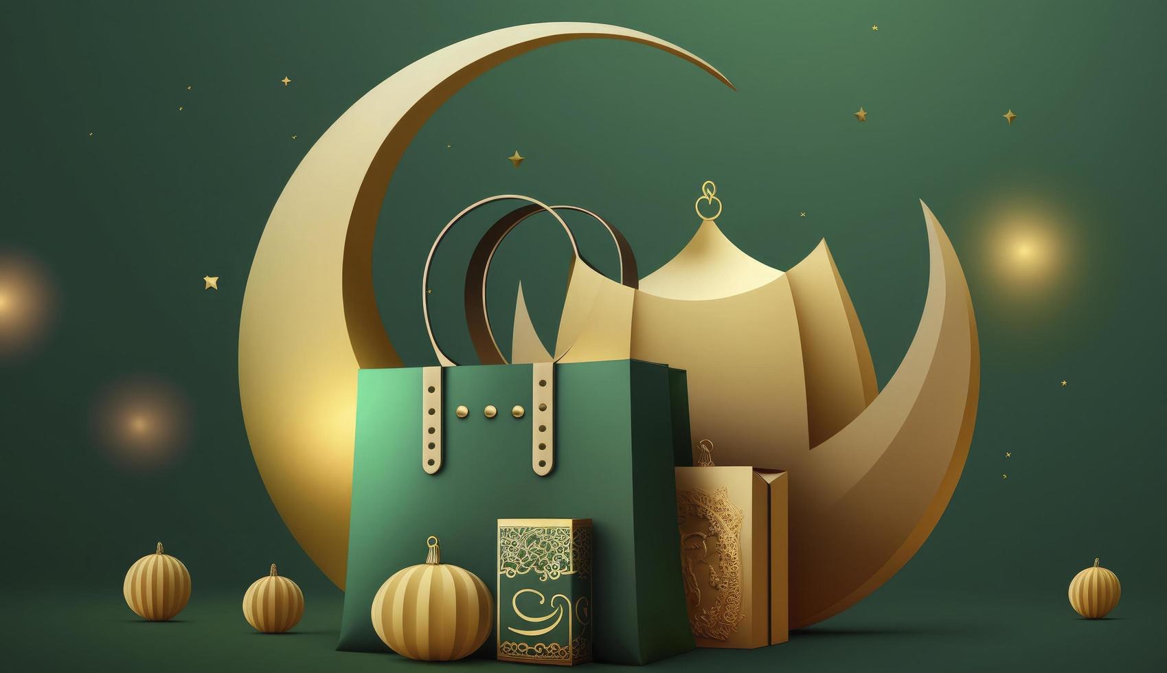 compras bolsa, presente caixa, lanterna, ouro crescente lua em verde fundo. Projeto conceito do islâmico celebração dia Ramadã kareem ou eid al fitr adha, 3d ilustração, gerar ai foto