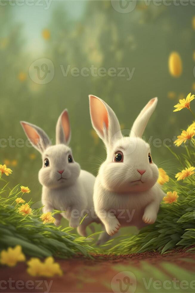 casal do branco coelhos sentado em topo do uma exuberante verde campo. generativo ai. foto