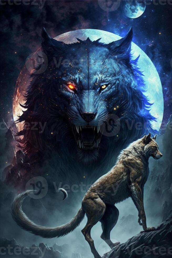 Lobo em pé Próximo para uma Lobo dentro frente do uma cheio lua. generativo ai. foto