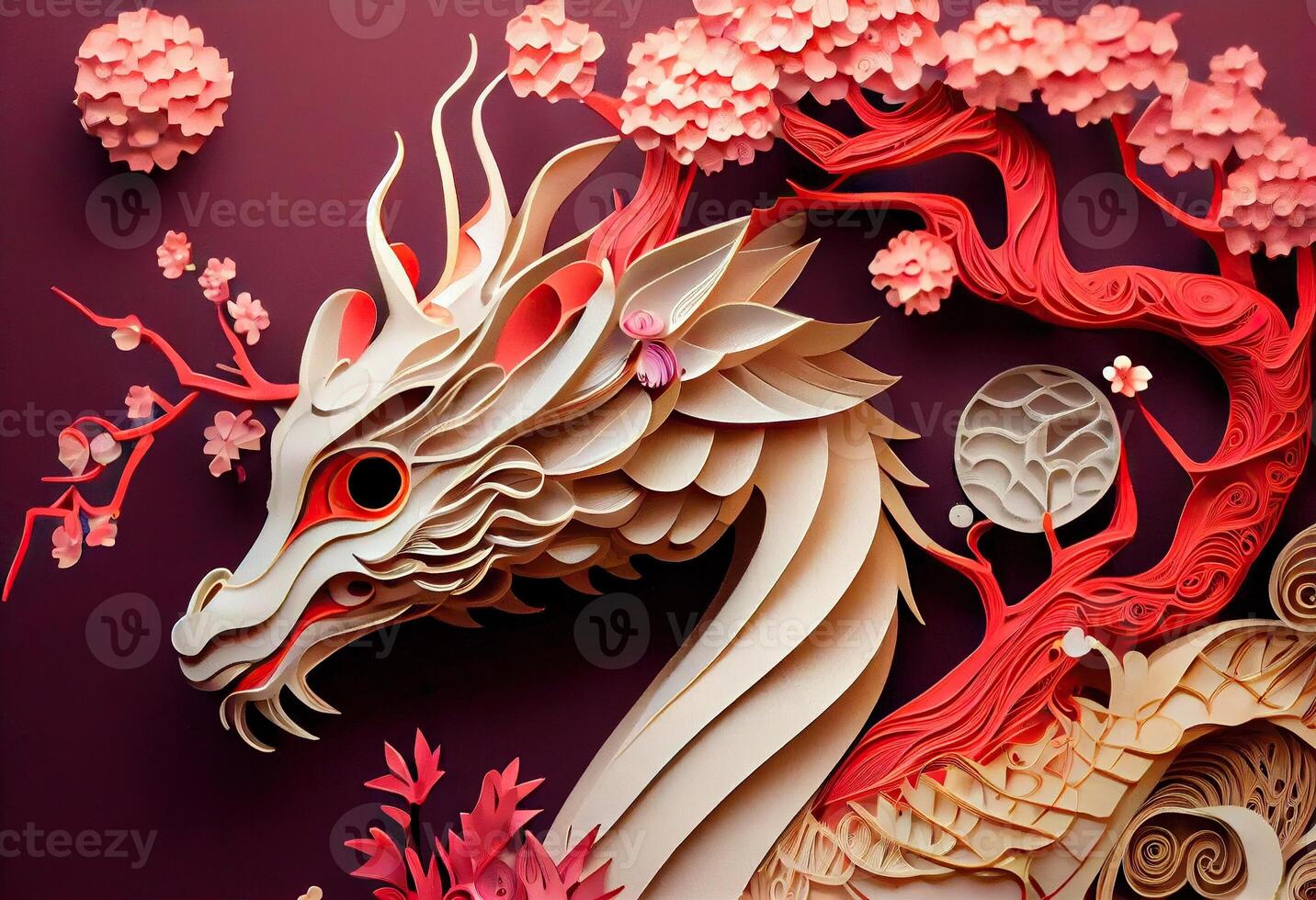 generativo ai ilustração do papel cortar arte, dobrando multi dimensional chinês estilo, zodíaco Dragão com lanternas e cereja flores dentro fundo, chinês Novo ano. foto