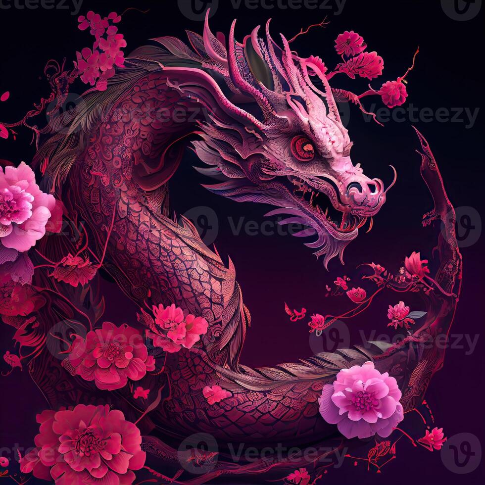 generativo ai ilustração do chinês Dragão, astral fundo, chinês zodíaco fundo, cereja florescer, flores, chinês Novo ano. foto