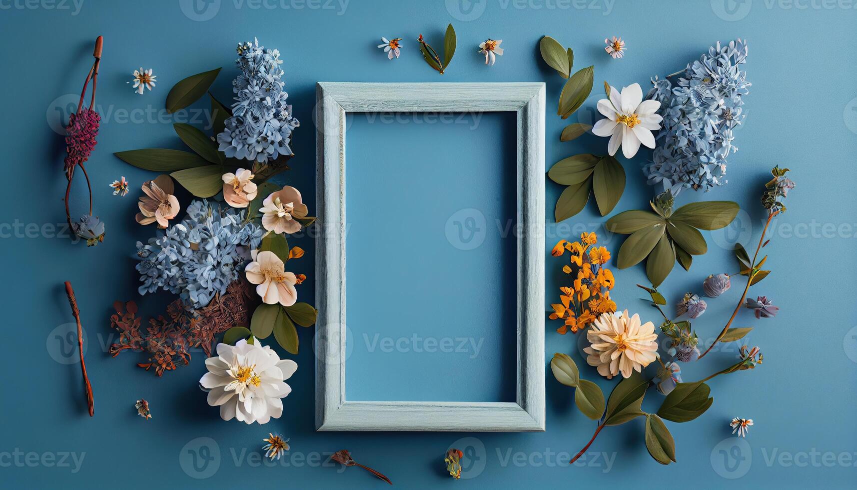 generativo ai ilustração do Primavera flor quadro, Armação em azul e ciano fundo cópia de espaço plano deitar zombar acima foto