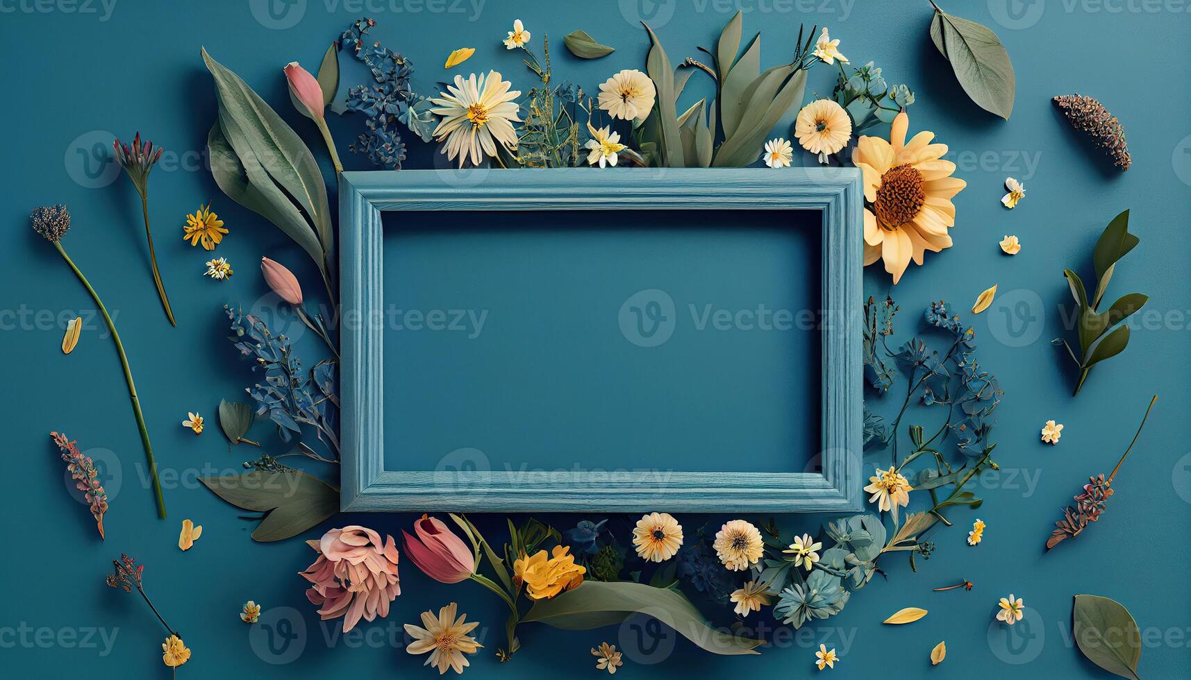 generativo ai ilustração do Primavera flor quadro, Armação em azul e ciano fundo cópia de espaço plano deitar zombar acima foto