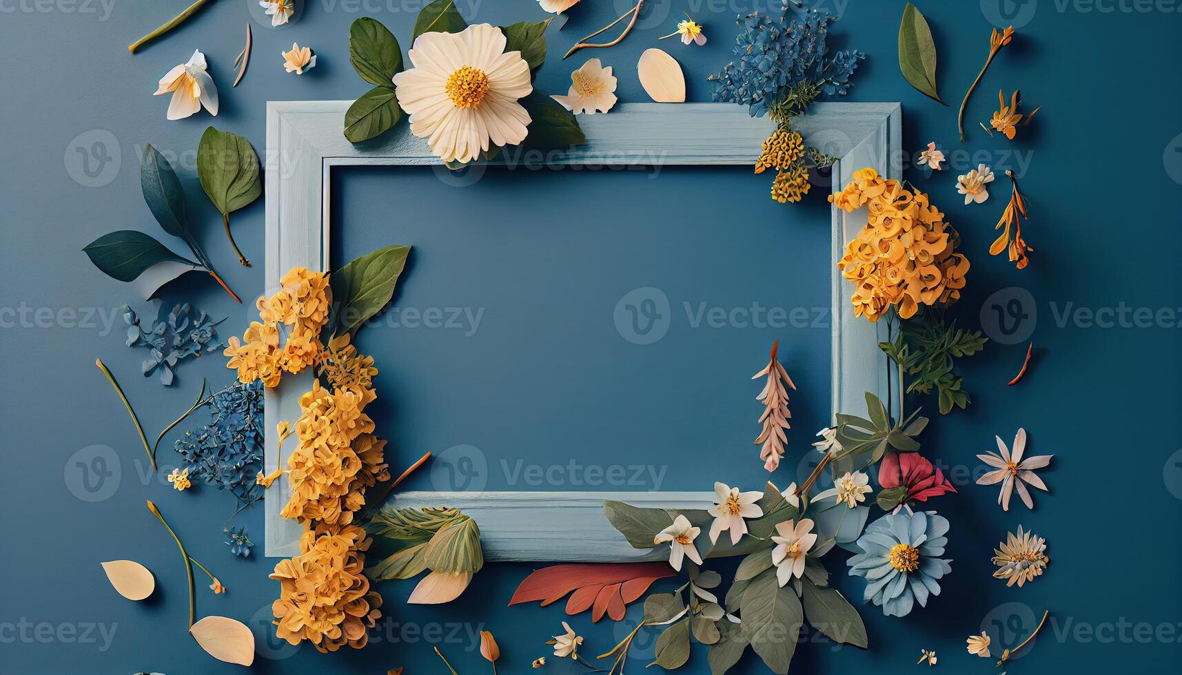 generativo ai ilustração do Primavera flor quadro, Armação em azul e ciano fundo cópia de espaço plano deitar zombar acima foto