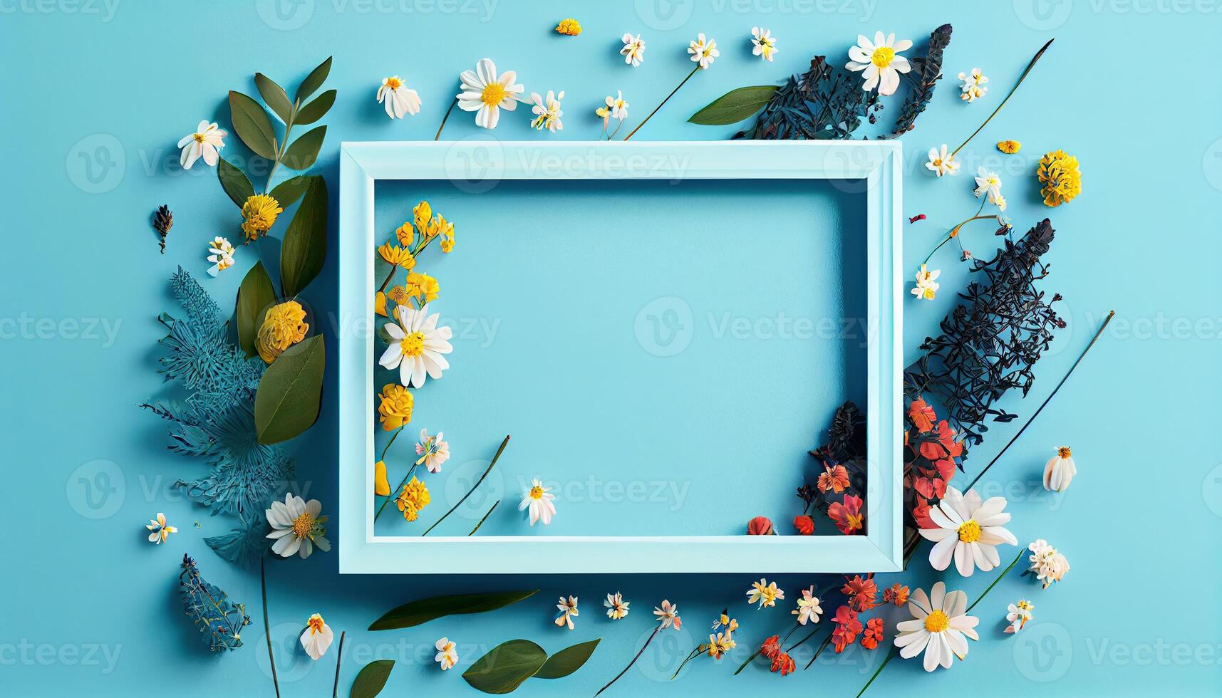 generativo ai ilustração do Primavera flor quadro, Armação em azul e ciano fundo cópia de espaço plano deitar zombar acima foto