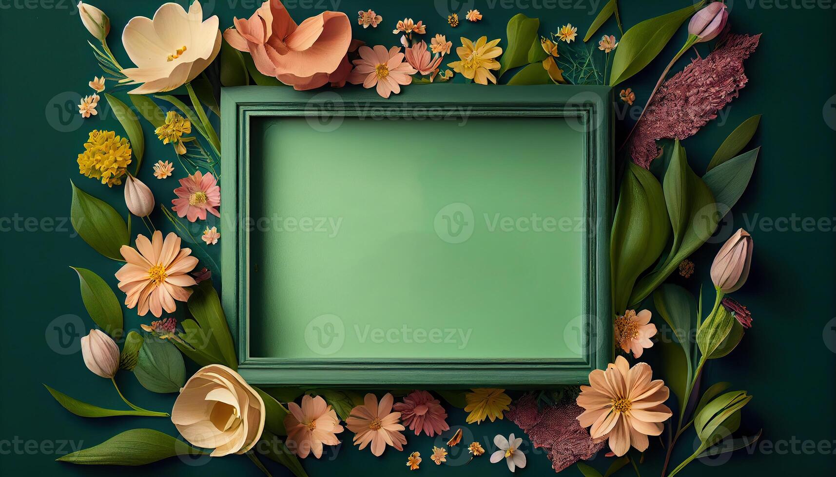 generativo ai ilustração do Primavera flor quadro, Armação em verde fundo cópia de espaço plano deitar zombar acima foto