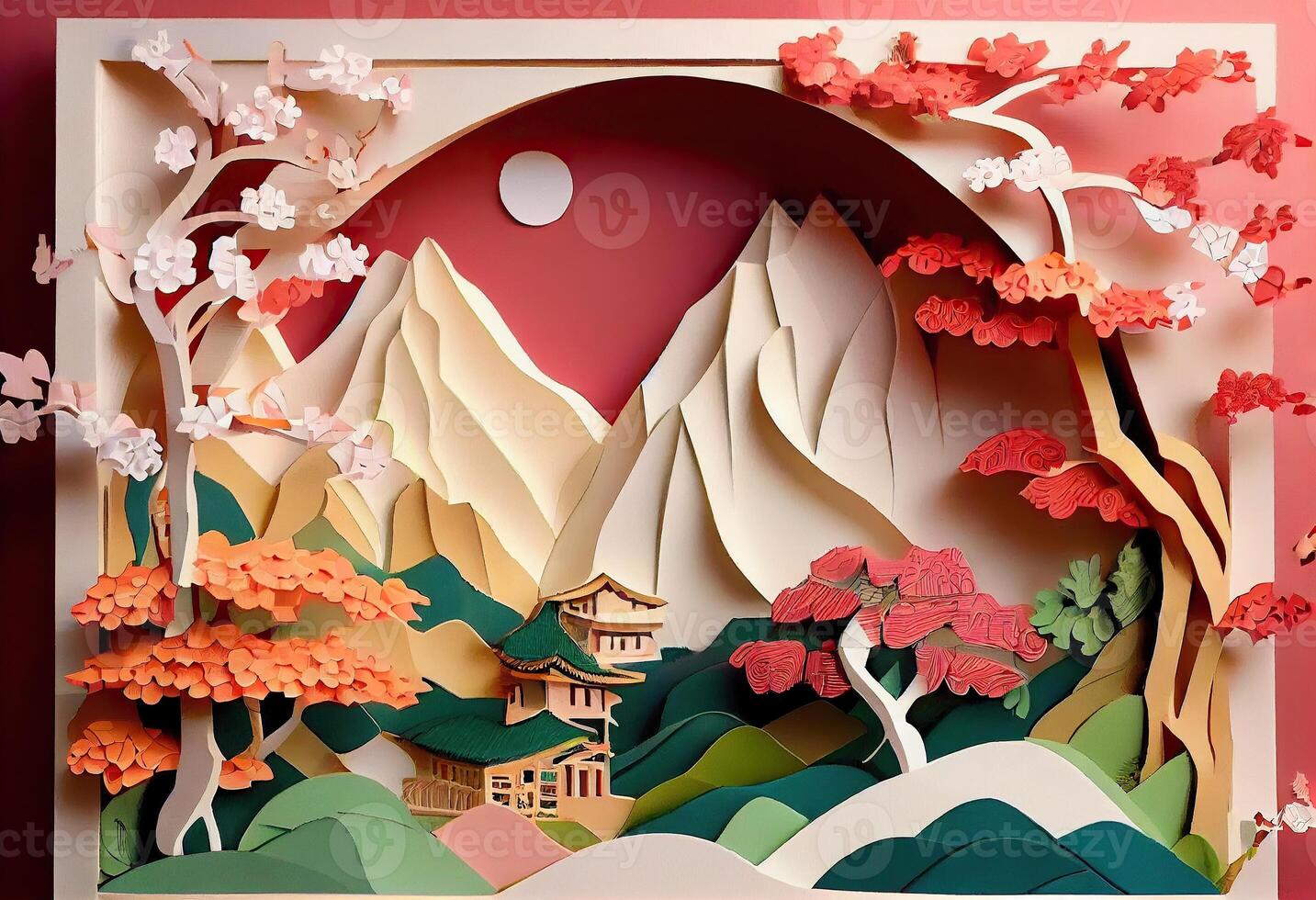 generativo ai ilustração do chinês natureza e panorama em sólido fundo, auspicioso nuvens, ravina fluxo, montanha faixa, muitos casas e antigo edifícios, multi dimensional papel dobrando foto