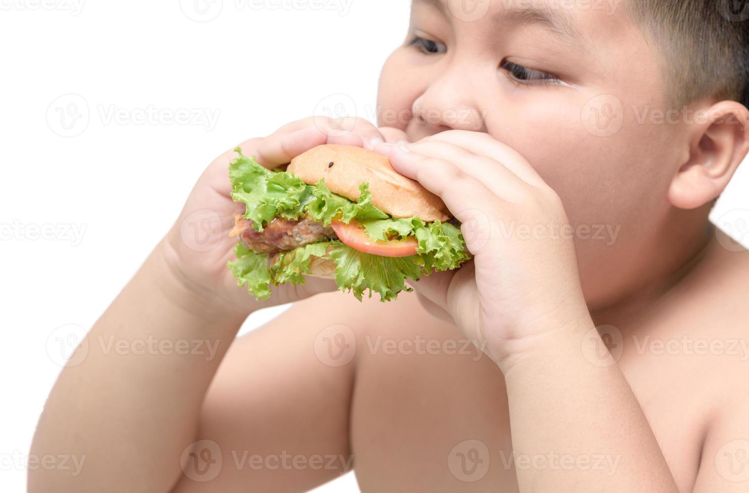 carne de porco Hamburger em obeso gordo Garoto mão fundo isolado foto