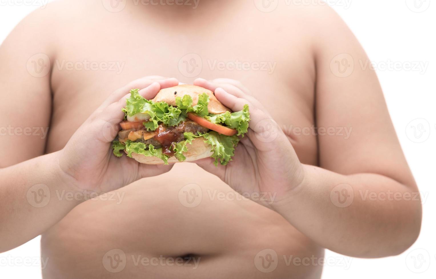 carne de porco Hamburger dentro obeso gordo Garoto mão isolado. foto