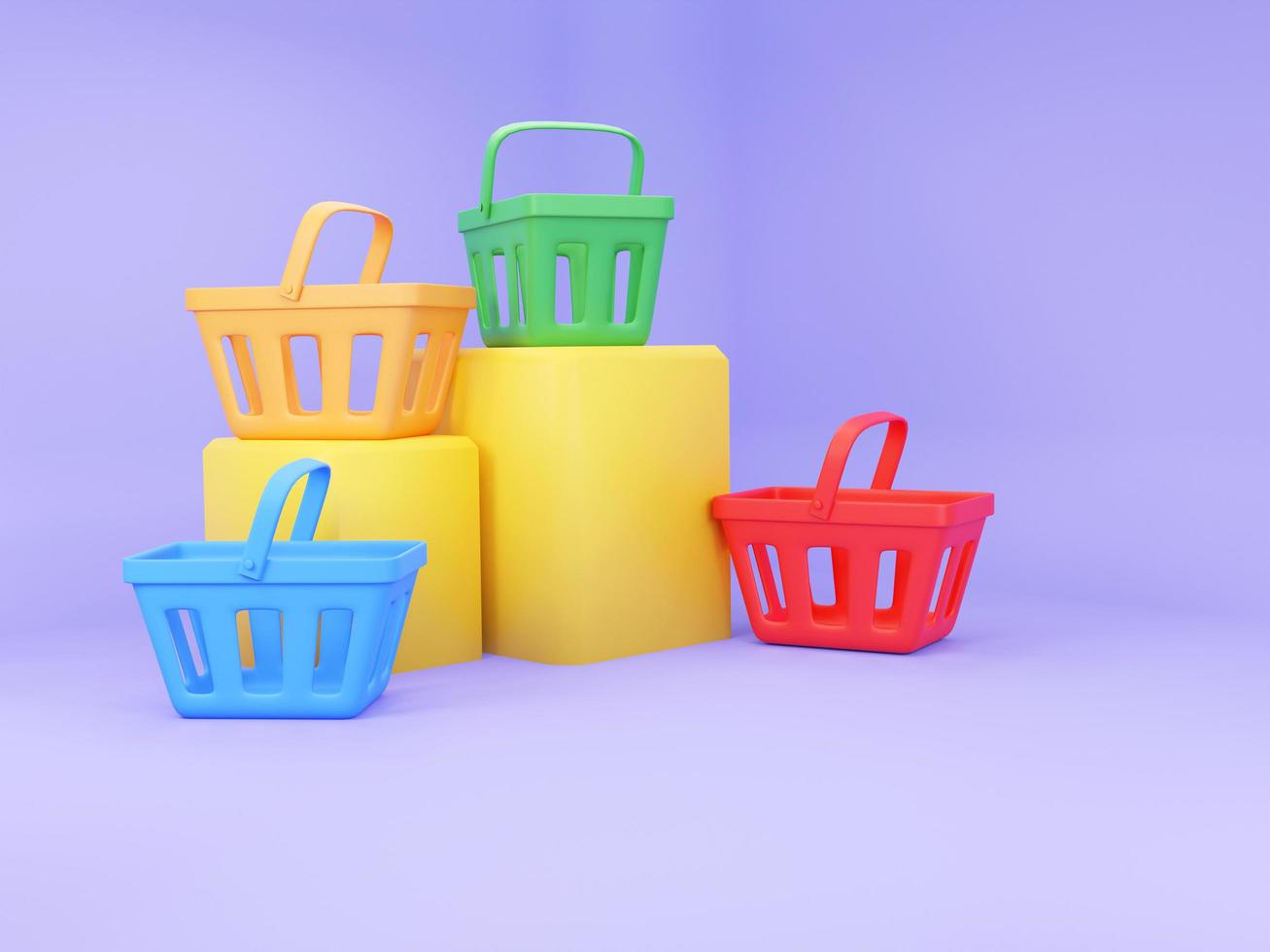 Muitas cores esvaziar compras cestas em roxa fundo. 3d Renderização ilustração. foto