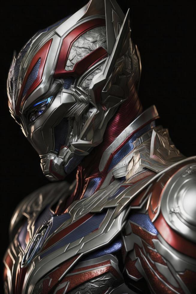 muito realista detalhado intrincado olhando Ultraman vestindo vibranium armaduras terno com borrado néon luzes às noite em fundo, gerar ai foto