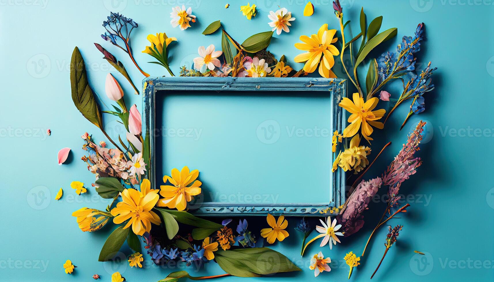 generativo ai ilustração do Primavera flor quadro, Armação em azul e ciano fundo cópia de espaço plano deitar zombar acima foto