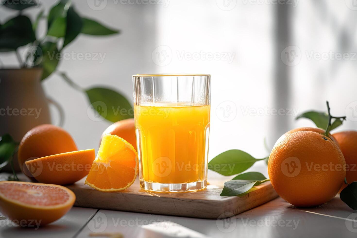 vidro do uma fresco laranja suco em uma mesa cercado com laranjas. gerado ai. foto