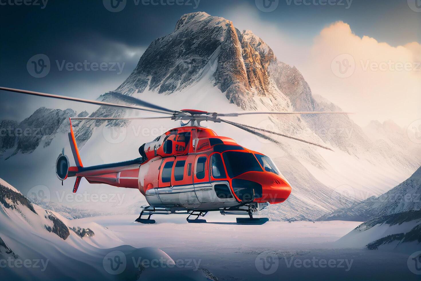 vermelho resgate helicóptero dentro a inverno montanhas. generativo ai foto