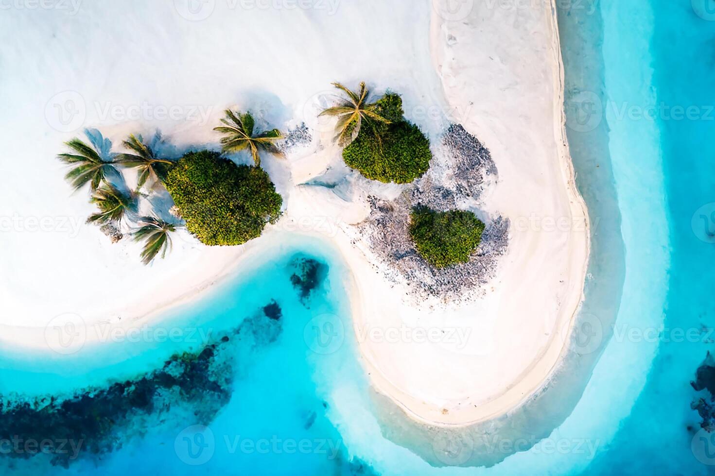 tropical branco areia em a de praia e turquesa mar água. Visão a partir de a topo. uma tropical paradisíaco pano de fundo. generativo ai foto