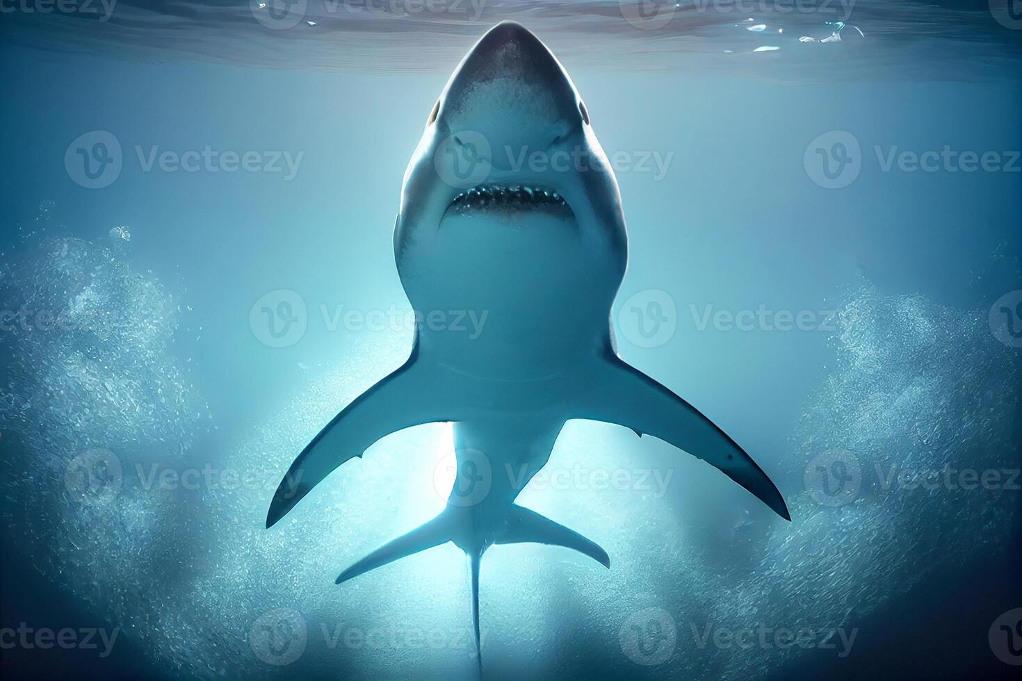 uma ótimo branco Tubarão nada dentro a oceano, Visão a partir de abaixo. generativo ai foto
