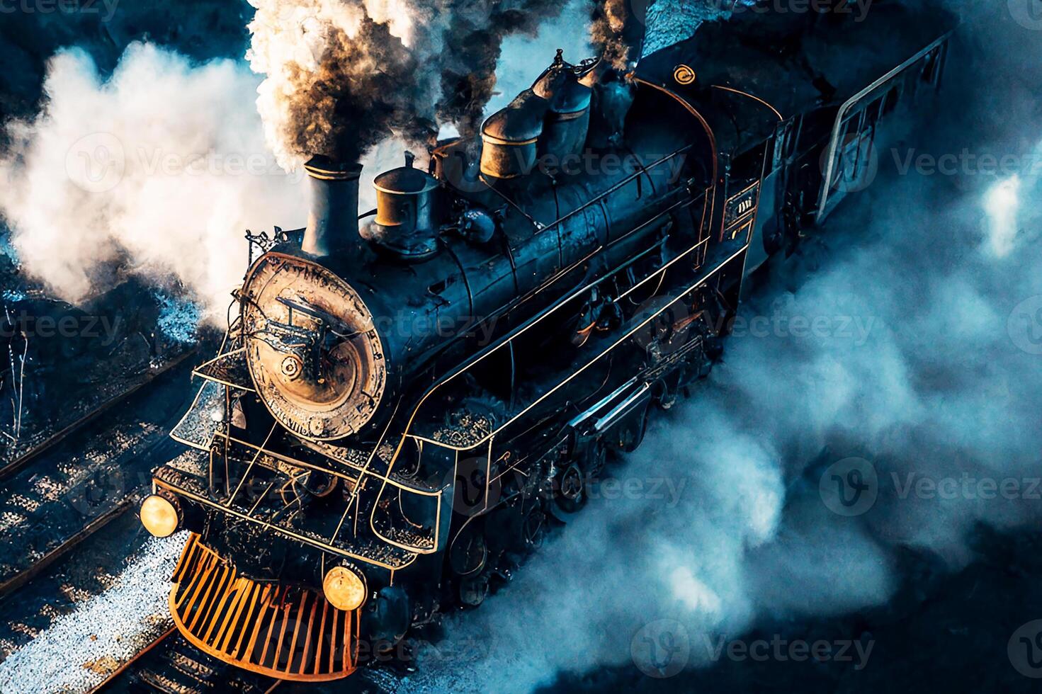 a velho vapor locomotiva com uma esfumaçado chaminé passeios a Ferrovia. generativo ai foto