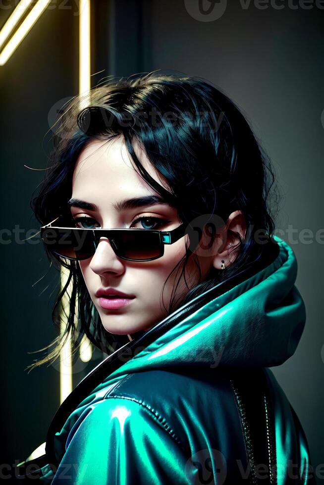 moda mostrar, moda modelo. lindo sexy mulher dentro uma couro brilhante, néon Jaqueta e oculos de sol em uma verde fundo atrás dela, cyberpunk estilo. generativo ai foto