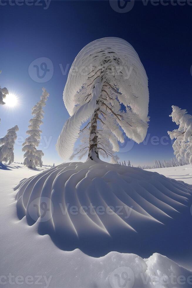 neve coberto árvore sentado em topo do uma neve coberto declive. generativo ai. foto