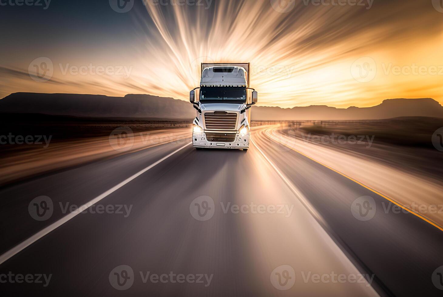 frete transporte caminhão em a estrada às pôr do sol, generativo ai foto