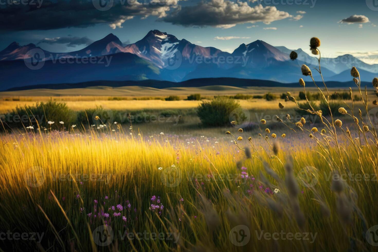 ai gerado Prado preenchidas com alta gramíneas e flores silvestres, com uma distante alcance do montanhas fornecendo uma deslumbrante pano de fundo. foto