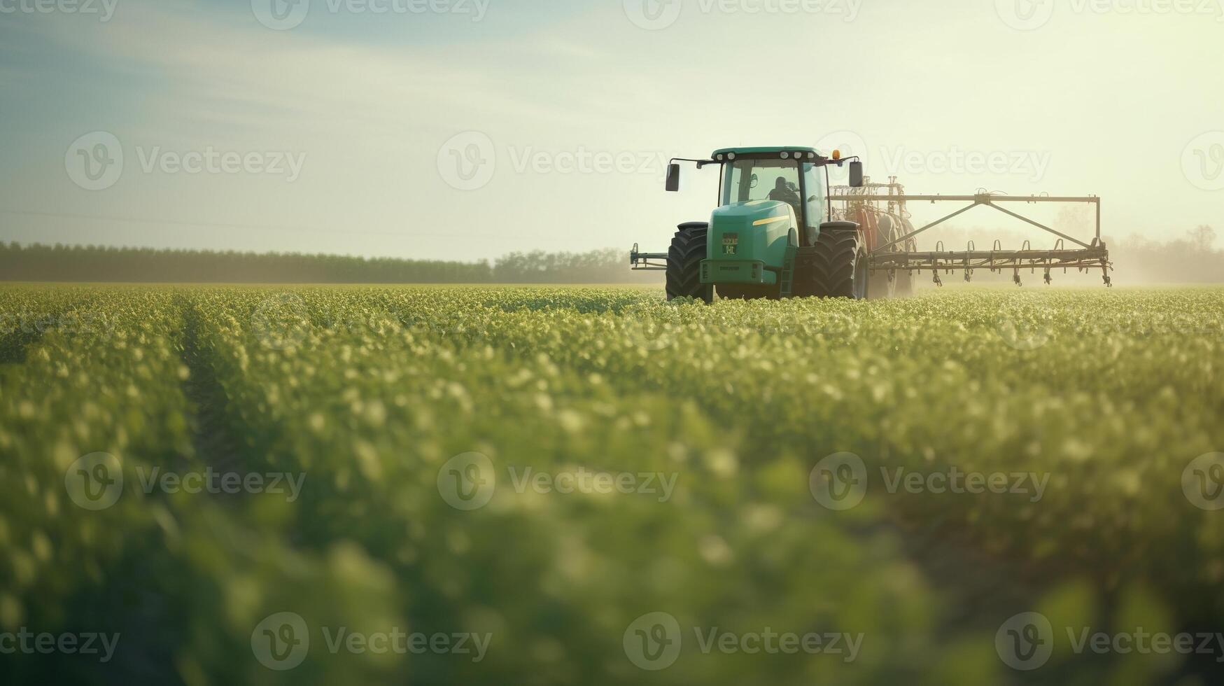 generativo ai, trator pulverização uma campo, Fazenda paisagem, agrícola lindo interior, país estrada. natureza ilustração, fotorrealista topo Visão horizontal bandeira. foto