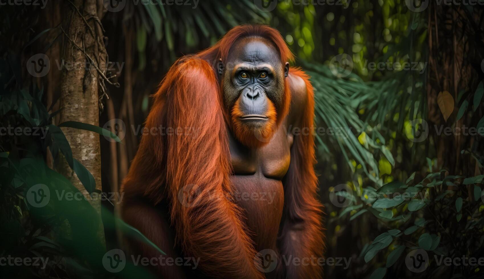 orangotango dentro uma tropical floresta tropical conservação área , Bornéu endêmico primatas , generativo ai foto