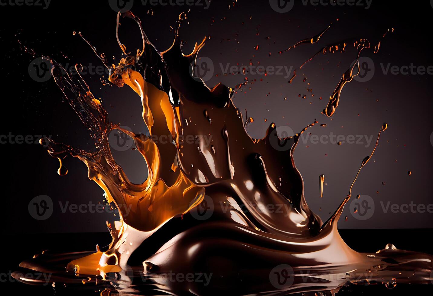 generativo ai ilustração do quente derretido Sombrio chocolate espirrando, Preto fundo foto