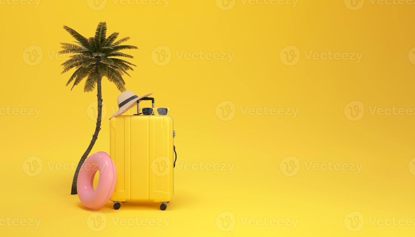 mala de viagem com Sol óculos e chapéu dentro do uma Palma árvore em amarelo fundo. viagem paraíso conceito mínimo. foto