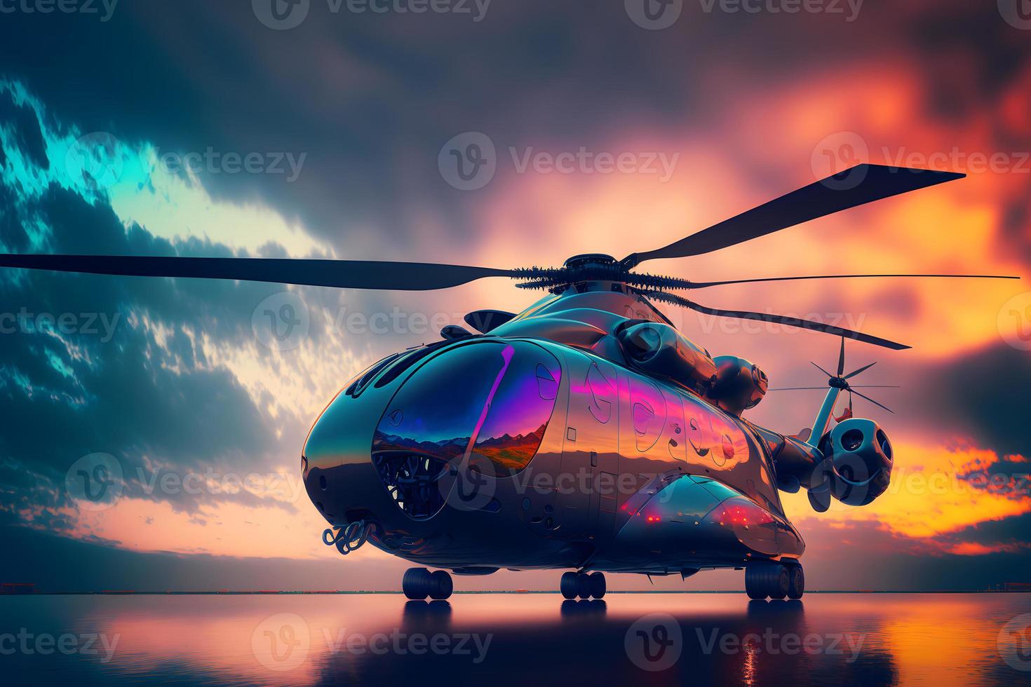 moderno futurista exército helicóptero transporte dentro cidade Centro. neural rede gerado arte foto