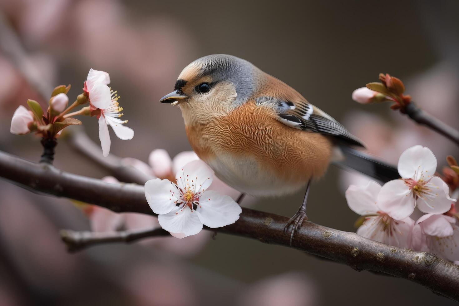 lindo comum tentilhão pássaro sentado em uma cereja Flor árvore ramo. pequeno tentilhão pássaro fechar-se com lindo sakura flor. cênico natureza Visão com uma pássaro e flores generativo ai. foto