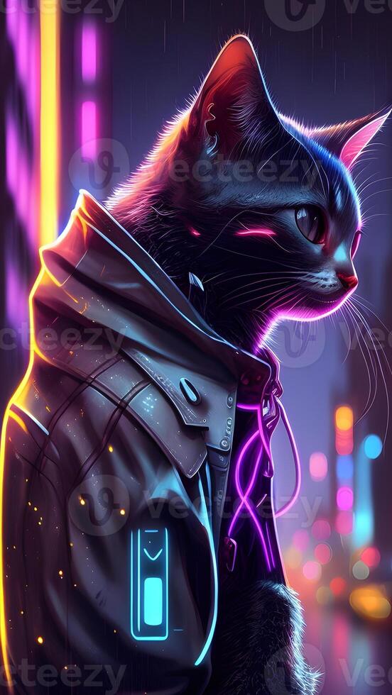 ilustração do gato dentro cyberpunk estilo com vestuário e roupas com futurista cidade fundo e néon claro. Ciência ficção fantasia imagem. ai gerado imagens. foto