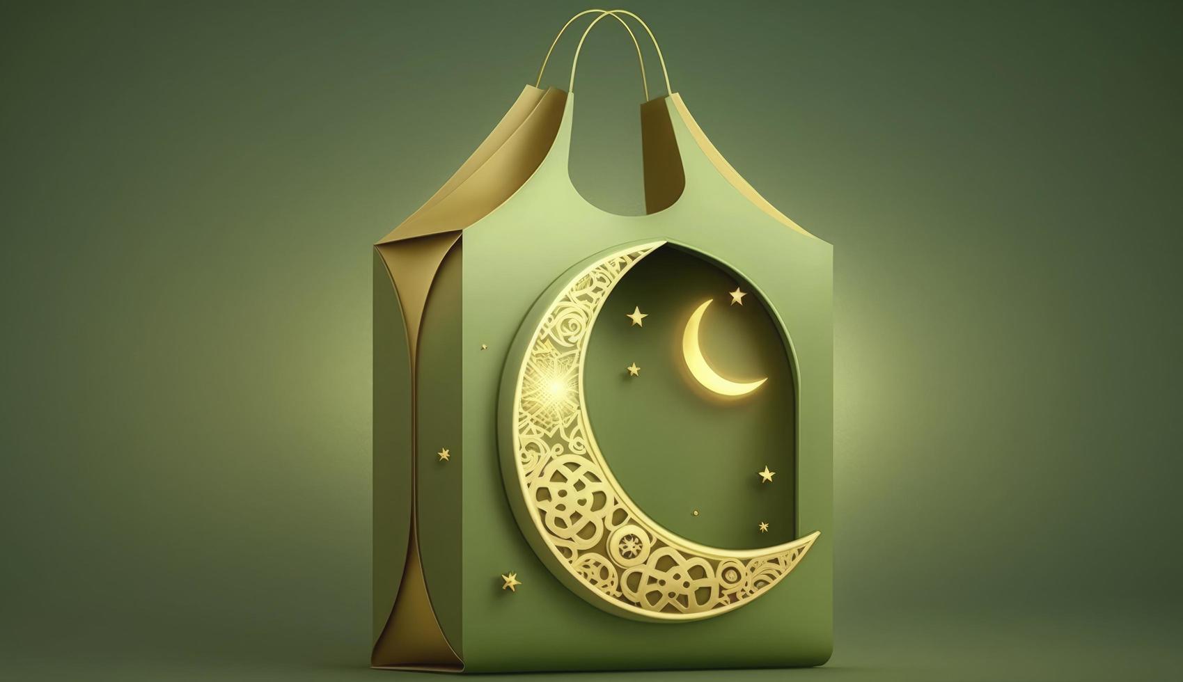 compras bolsa, presente caixa, lanterna, ouro crescente lua em verde fundo. Projeto conceito do islâmico celebração dia Ramadã kareem ou eid al fitr adha, 3d ilustração, gerar ai foto