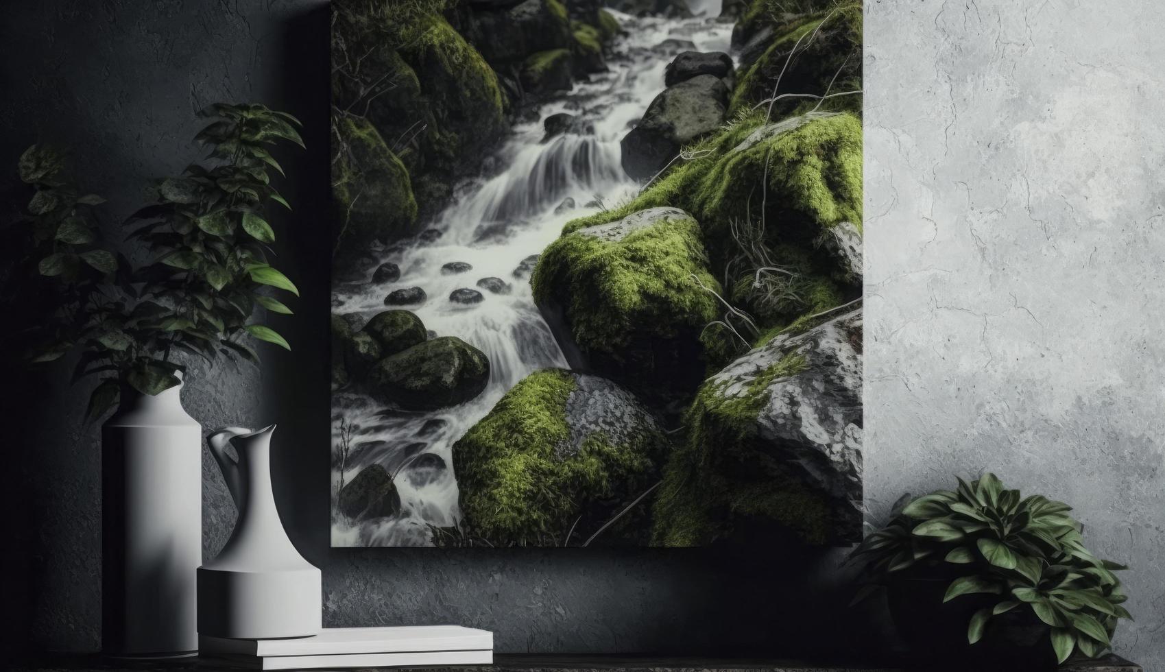 cascata panorama com pedras coberto dentro verde musgo, gerar ai foto