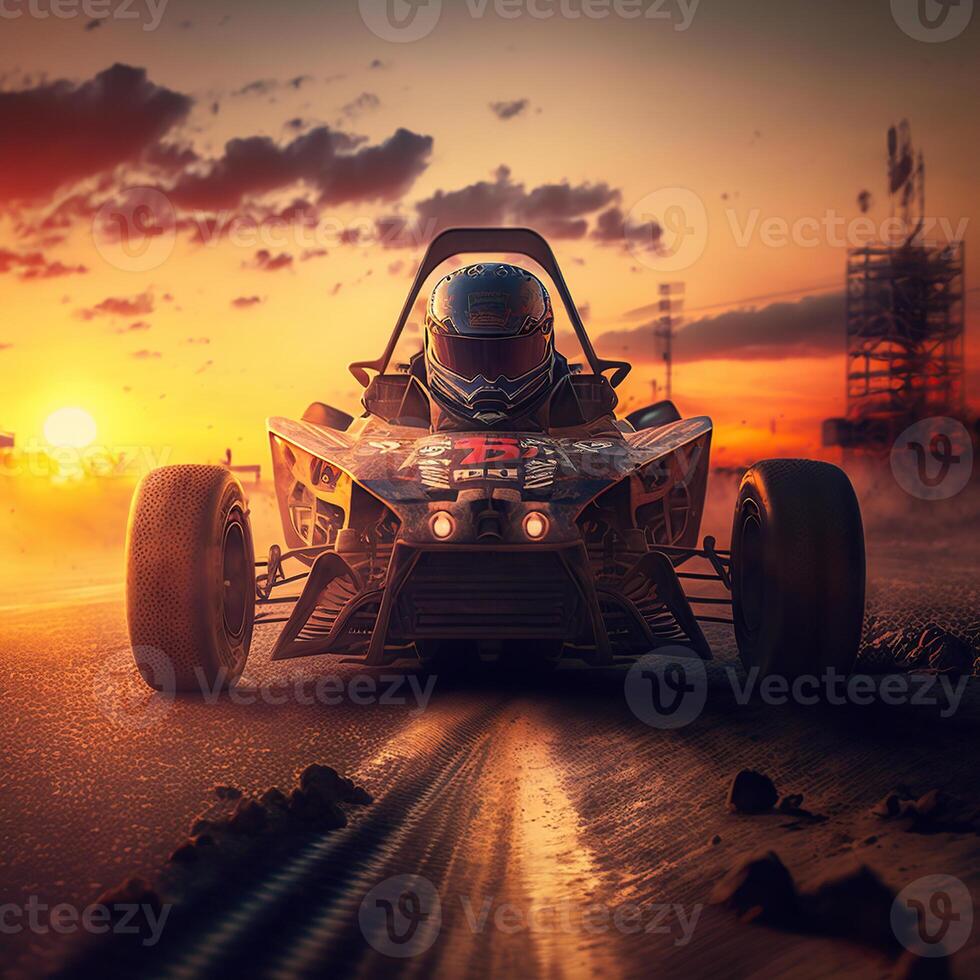 excesso de velocidade para dentro a pôr do sol, uma kart aventura, generativo ai foto